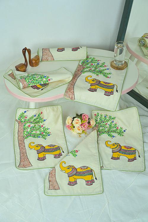 Chanderi Silk Handpainted Elephant Table Runner & Mats