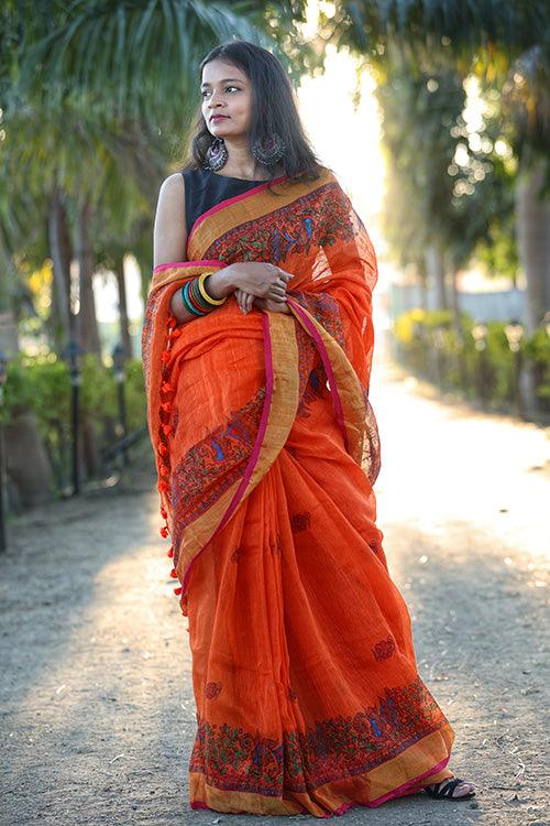 Hand Painted Madhubani Linen Saree