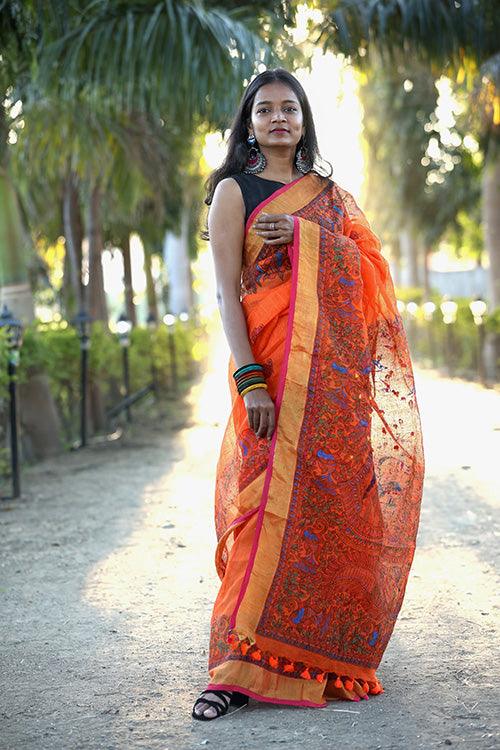 Hand Painted Madhubani Linen Saree