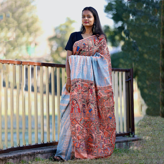 Madhubani Handpainted "Shibori Dyed" Linen Saree
