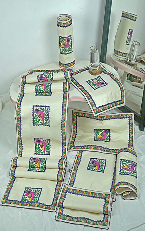 Chanderi Silk Handpainted Madhubani Table Runner & Mats
