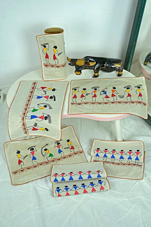 Handpainted Chanderi Silk Warli Table Runner & Mats