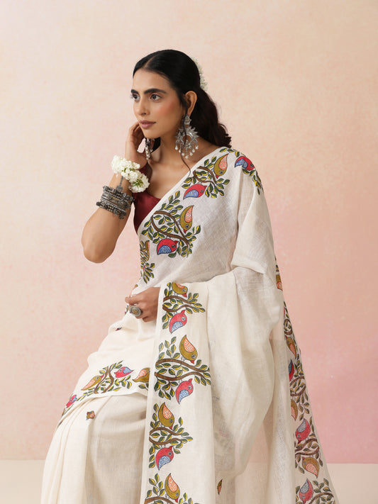 "Sparrow Song" Handpainted Pure Linen Saree