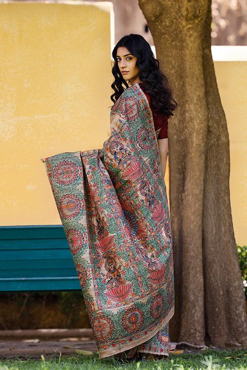 Madhubani Mystique Women's Silk Saree | Handcrafted Madhubani Durga Silk Saree | Enchanting Durga Incarnations Saree