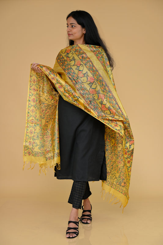 Madhubani Handpainted Tussar Silk Dupatta