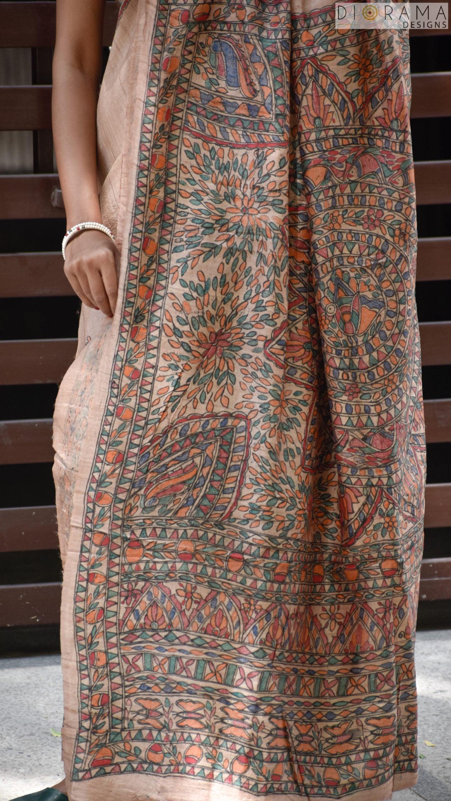 Tussar Silk Hand painted Madhubani Saree