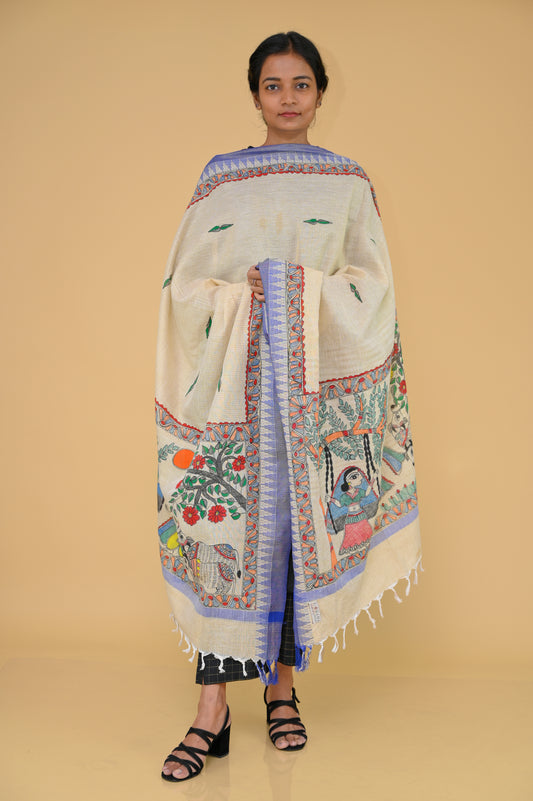 Handpainted Radhakrishna Madhubani Cotton Dupatta