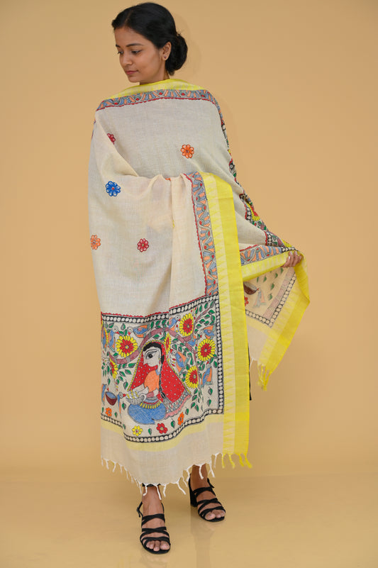 Handpainted "Nature" Madhubani Cotton Dupatta