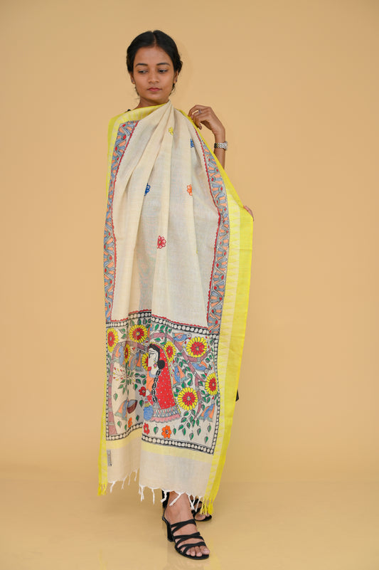 Handpainted "Nature" Madhubani Cotton Dupatta
