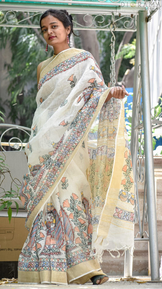 Madhubani Prerna Hand-Painted Linen Saree