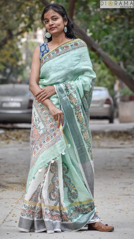Women's Mithila Painting Saree I Hand Painted I Madhubani Linen Saree