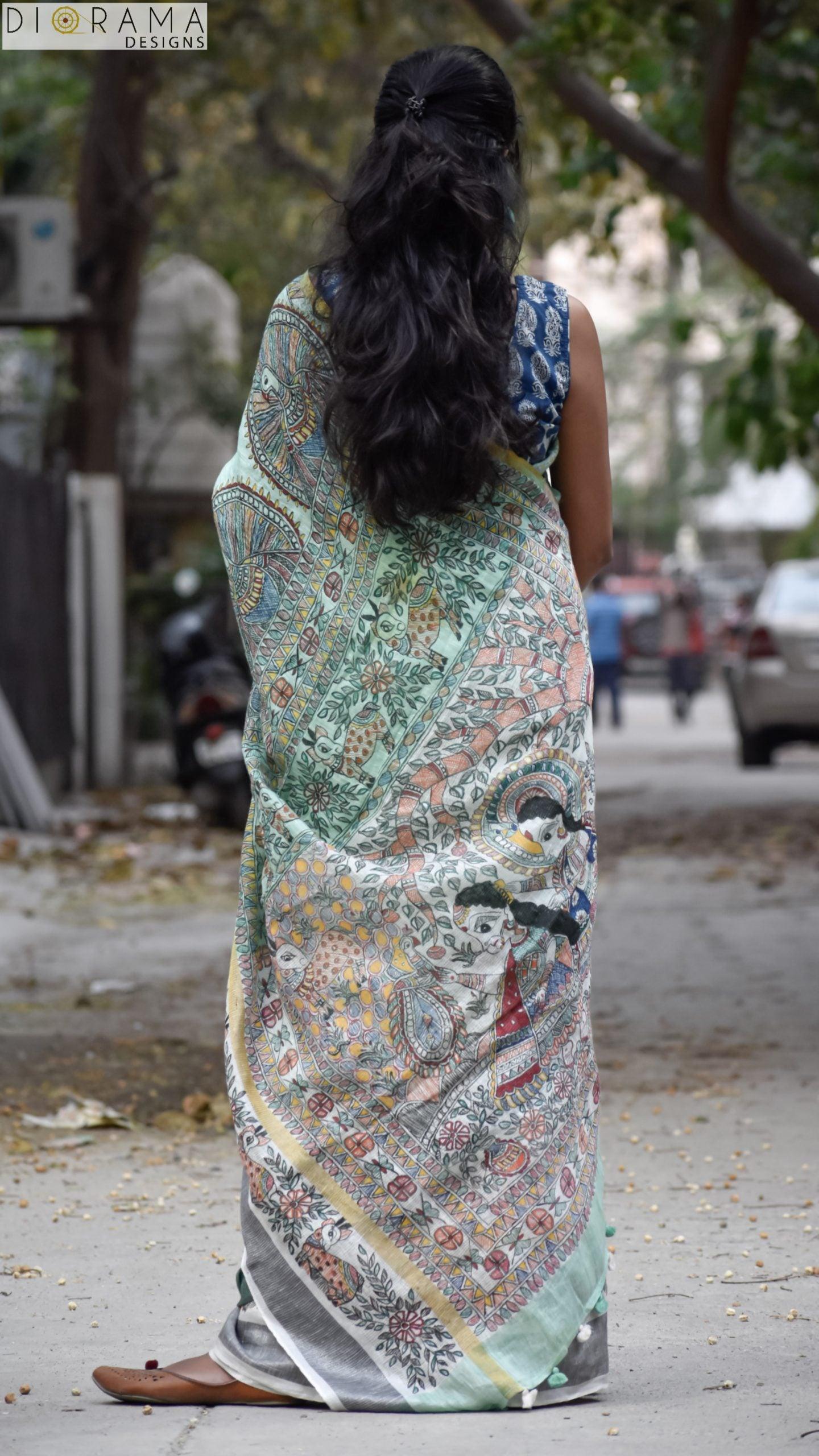 Women's Mithila Painting Saree I Hand Painted I Madhubani Linen Saree