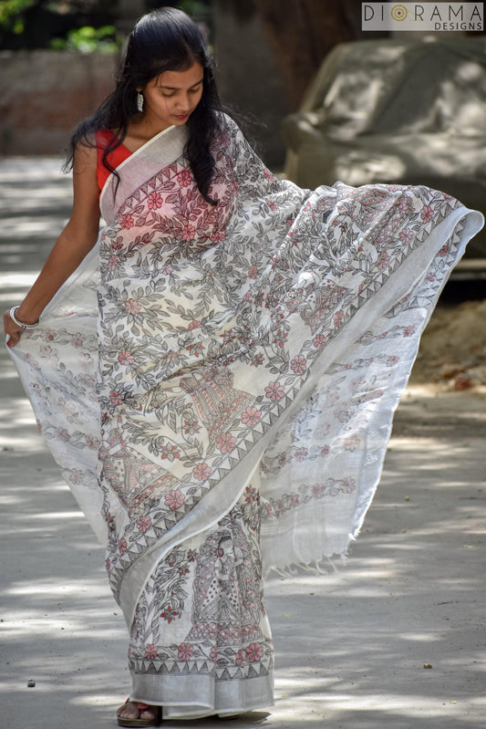 Women's Madhubani Hand-painted Folk Lady Linen Saree I Mithila Painting Saree