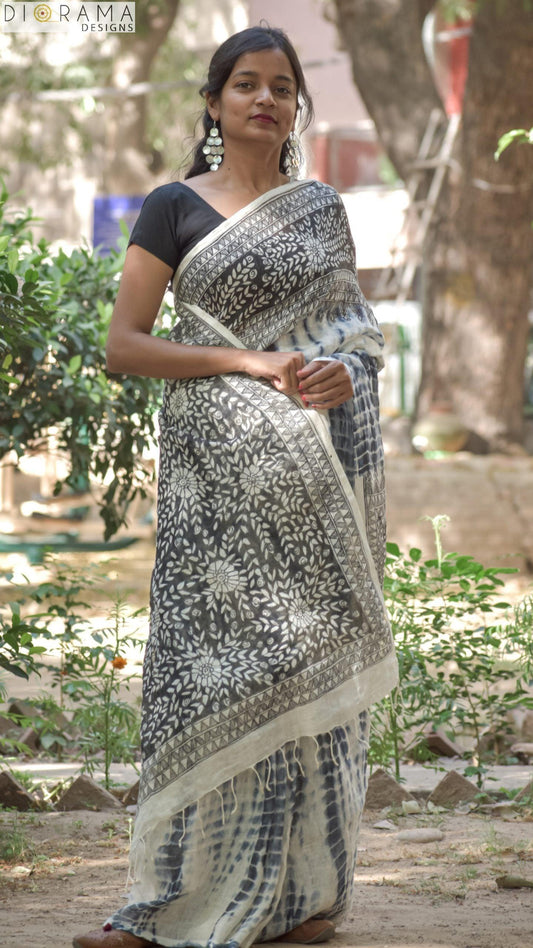 Women's Madhubani Painting Shibori Tie & Dye Linen Saree