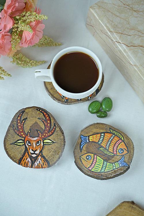 Teak Wood Handpainted Wilderness Coasters- Set of 4