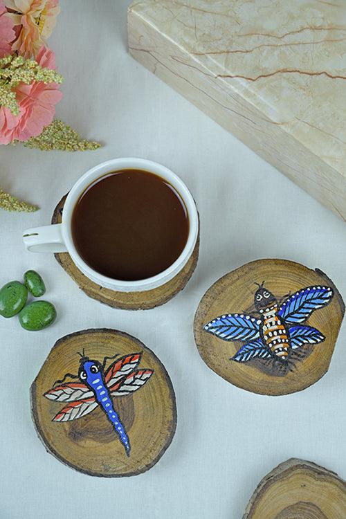 Teak Wood Handpainted Flies Coasters- Set of 4