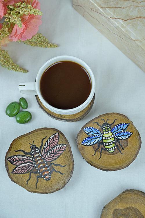 Teak Wood Handpainted Flies Coasters- Set of 4