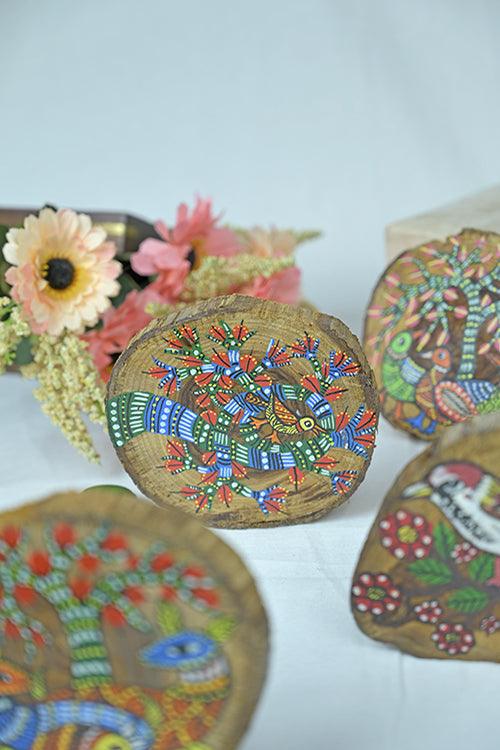 Teak Wood Handpainted Gond Art Coasters- Set of 4