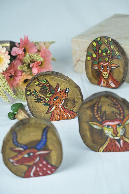 Teak Wood Handpainted Reindeer Coasters- Set of 4