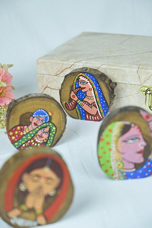 Teak Wood Handpainted Folklore Coasters- Set of 4