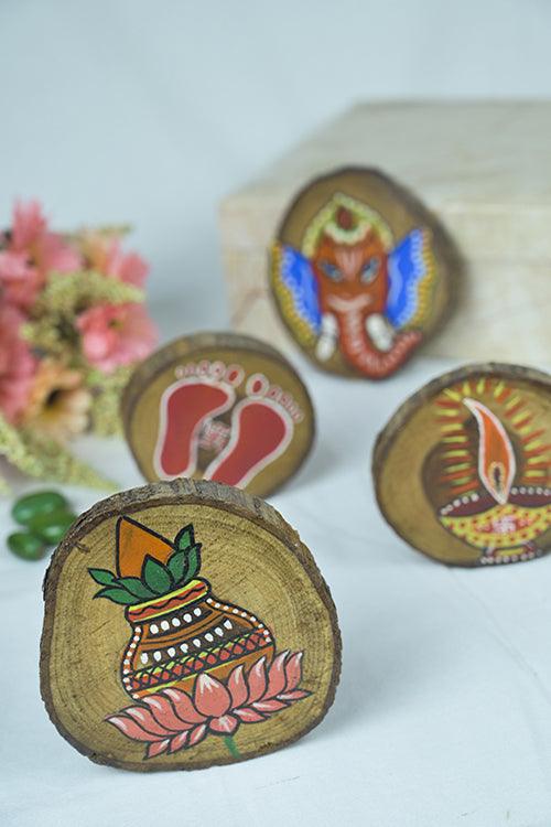 Teak Wood Handpainted Vinayak Coasters- Set of 4