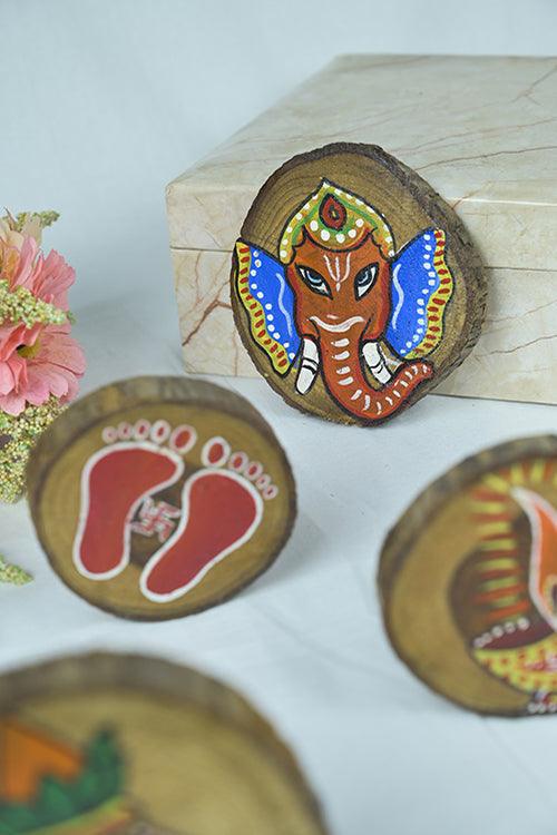 Teak Wood Handpainted Vinayak Coasters- Set of 4