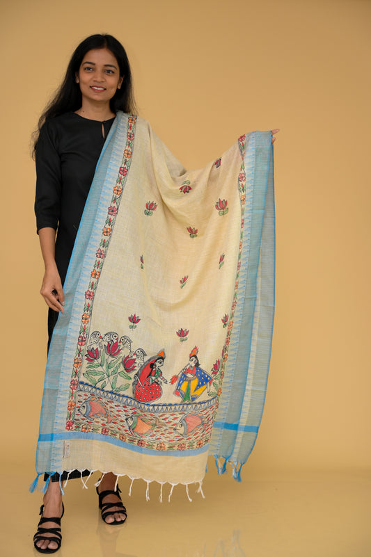 Handpainted "Serene" Madhubani Cotton Dupatta