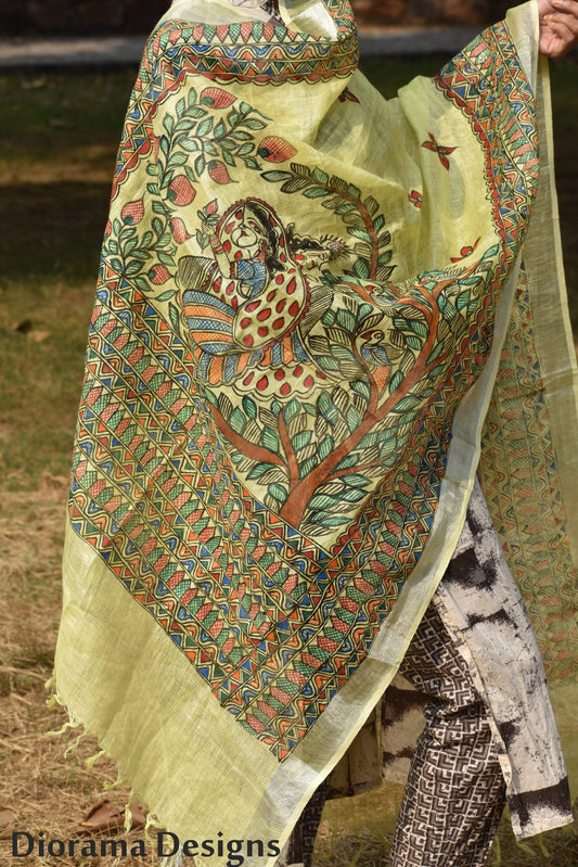 Handpainted Madhubani Linen Radha Krishna Dupatta