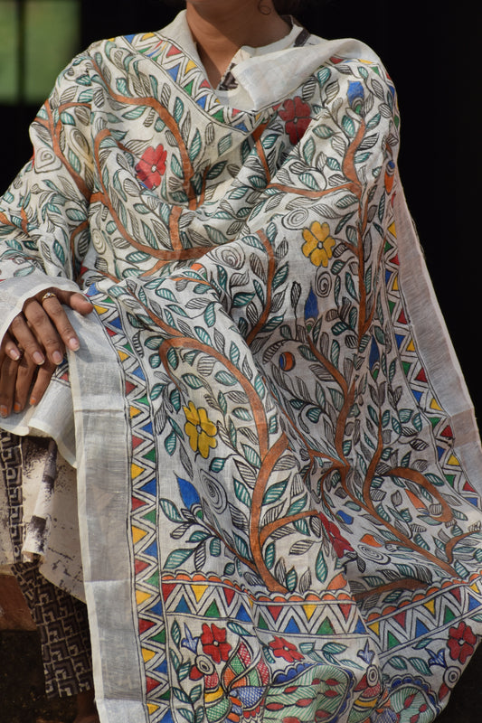 Madhubani All Over Floral Motifs Hand-Painted Linen Dupatta