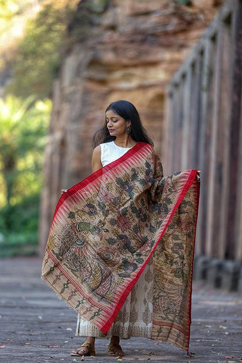 Kalamkari Handpainted Tussar Ghicha Silk Dupatta