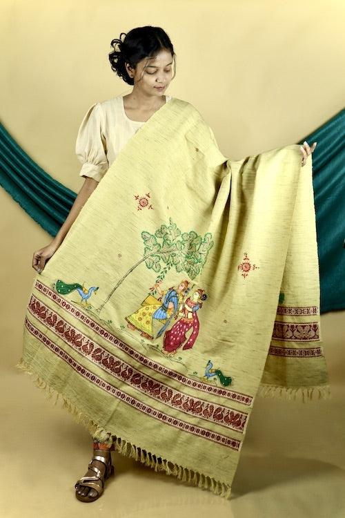 Pattachitra "Mayur" Handpainted Raw Silk Cotton Shawl