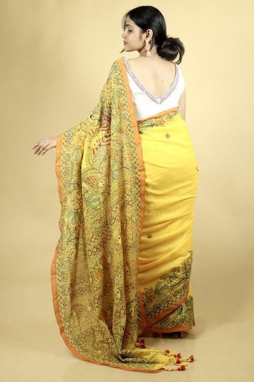 Madhubani Traditional Hand-painted Mul Cotton Saree