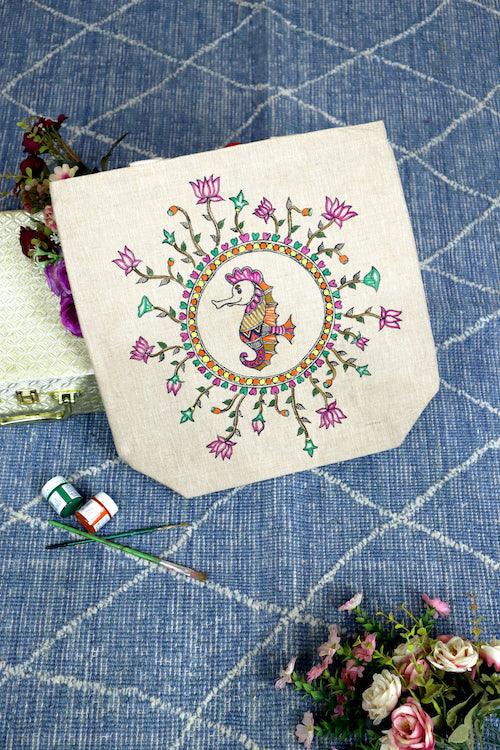 Handcrafted Heritage Handpainted Cotton Jute Tote Bag