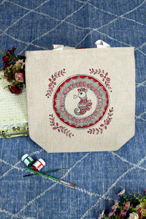 Nature's Embrace Handpainted Cotton Jute Tote Bag