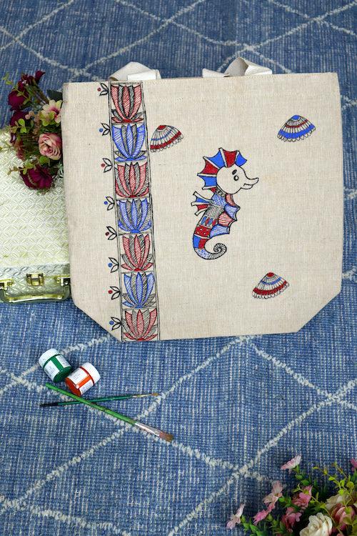 Elegant Ethnique Handpainted Cotton Jute Tote Bag