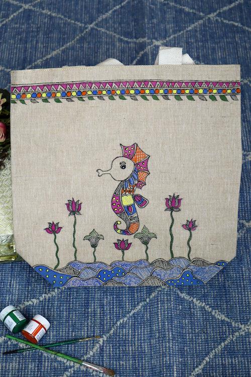 Radiant Roots Handpainted Cotton Jute Tote Bag