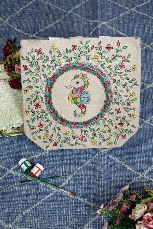 Traditional Tales Handpainted Cotton Jute Tote Bag