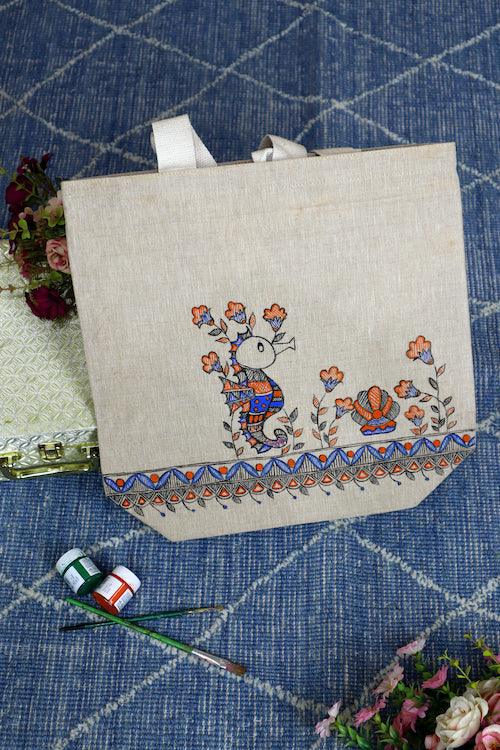 Madhubani Magic Handpainted Cotton Jute Tote Bag