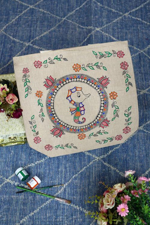 Nature's Narrative Handpainted Cotton Jute Tote Bag