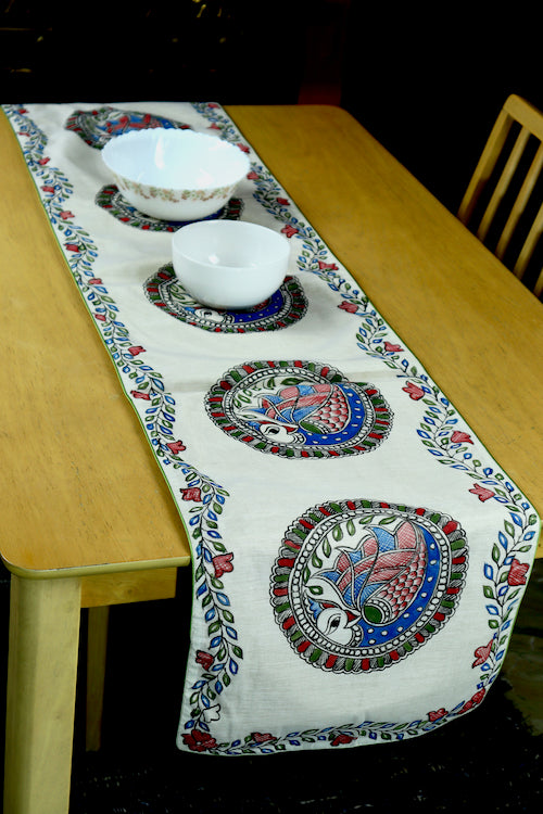 Madhubani Handpainted Chanderi Table Runner & Table Mats Set