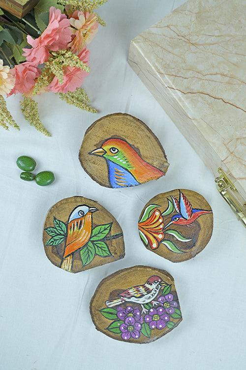 Teak Wood Handpainted Fledgling Coasters- Set of 4