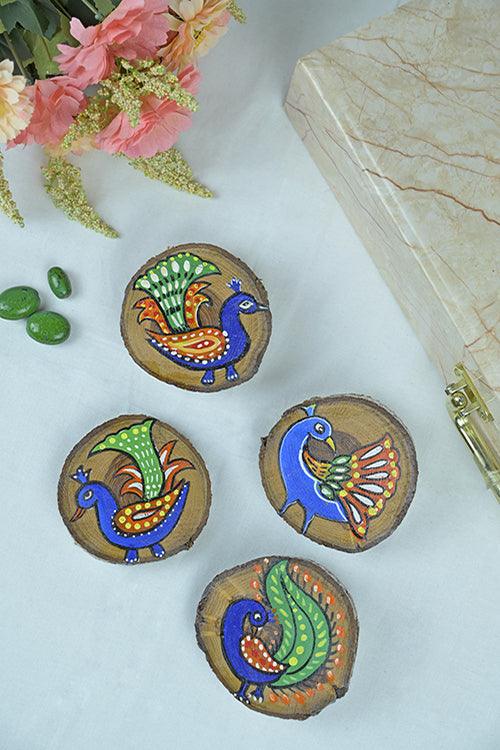 Teak Wood Handpainted Mayura Coasters- Set of 4