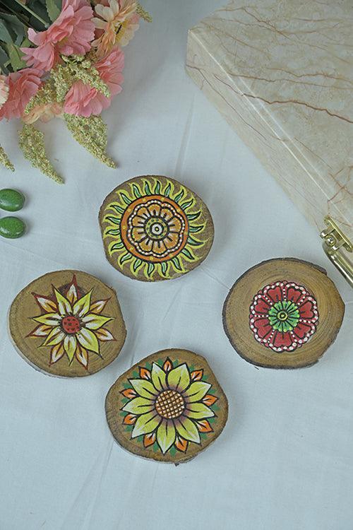 Teak Wood Handpainted Bloom Coasters- Set of 4