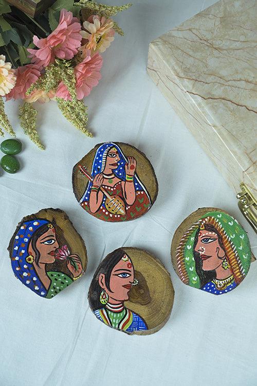 Teak Wood Handpainted Art Coasters- Set of 4