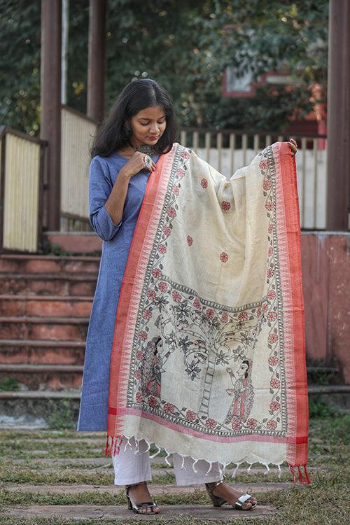 Madhubani Hand-painted Cotton Dupatta