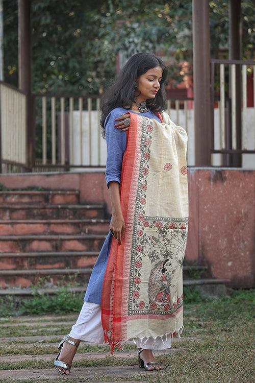 Madhubani Hand-painted Cotton Dupatta