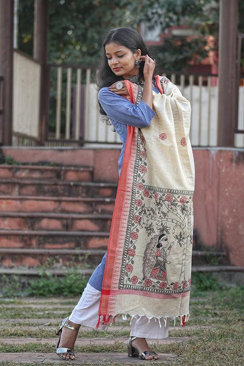 Madhubani Hand-painted Cotton Dupatta