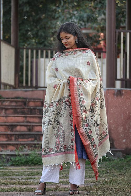 Madhubani Hand-painted Cotton Dupatta