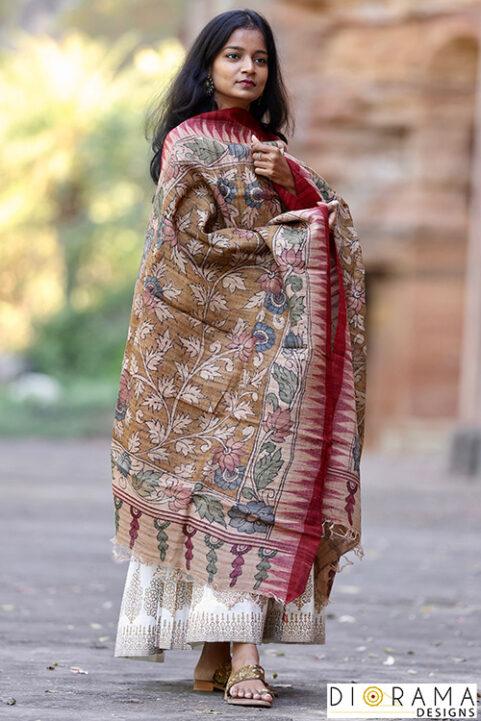 Kalamkari Tussar Ghicha Handloom Silk Hand painted Dupatta