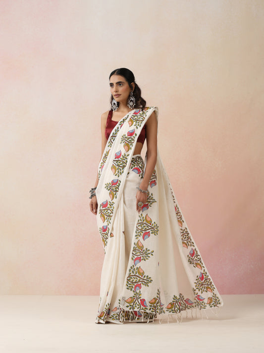 "Sparrow Song" Handpainted Pure Linen Saree